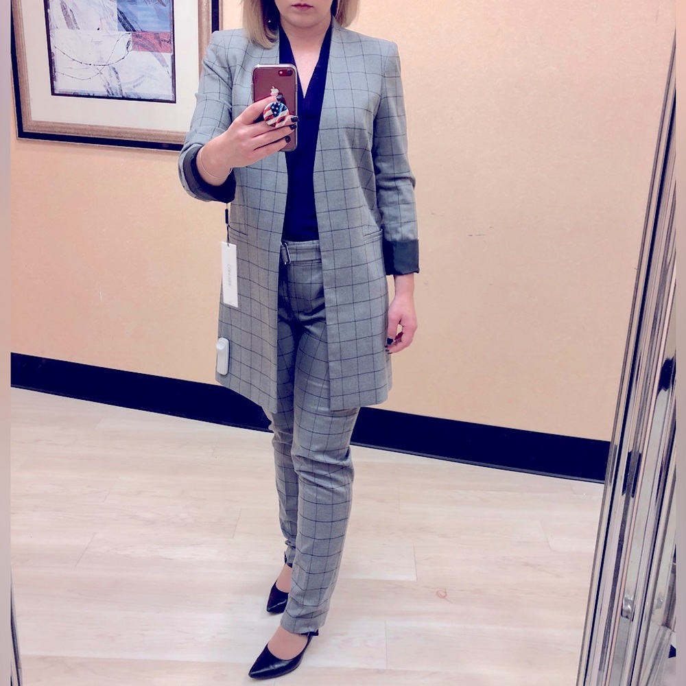 Calvin Klein Long Line Open Front Suit (suit jacket + suit pants); worn 1 time.